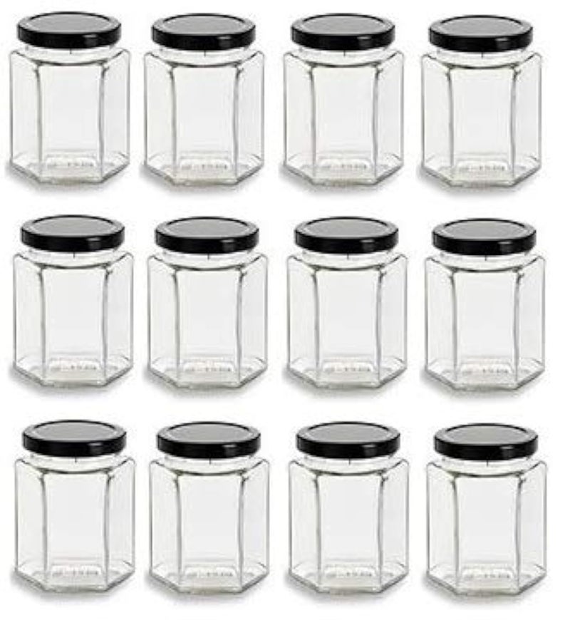 Nakpunar 12 pcs 9 oz Hexagon Glass Jars with Black Lids - 270 ml - Image 1